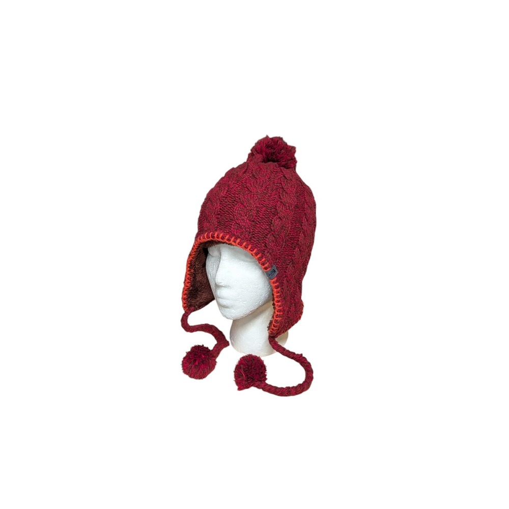 North Face Fleece Lined Earflap Beanie Trapper Burgundy Cable Knit Pom TNF5382